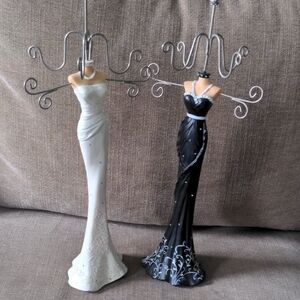 2 Elegant Dress Form Jewelry Holders - Black & White Set. 15" High, Rhinestones